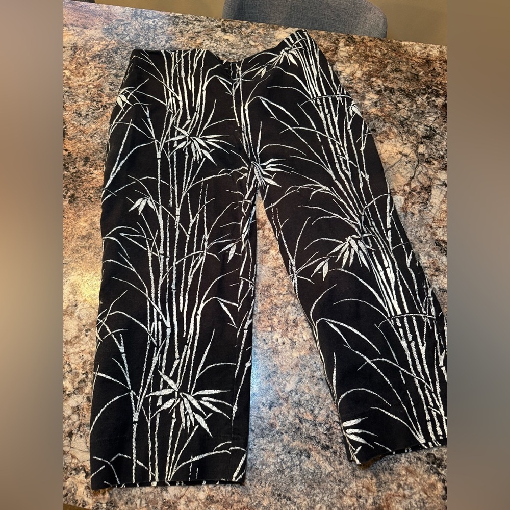 Talbots Black Cropped Pants with White Bamboo Print - Picture 2 of 7